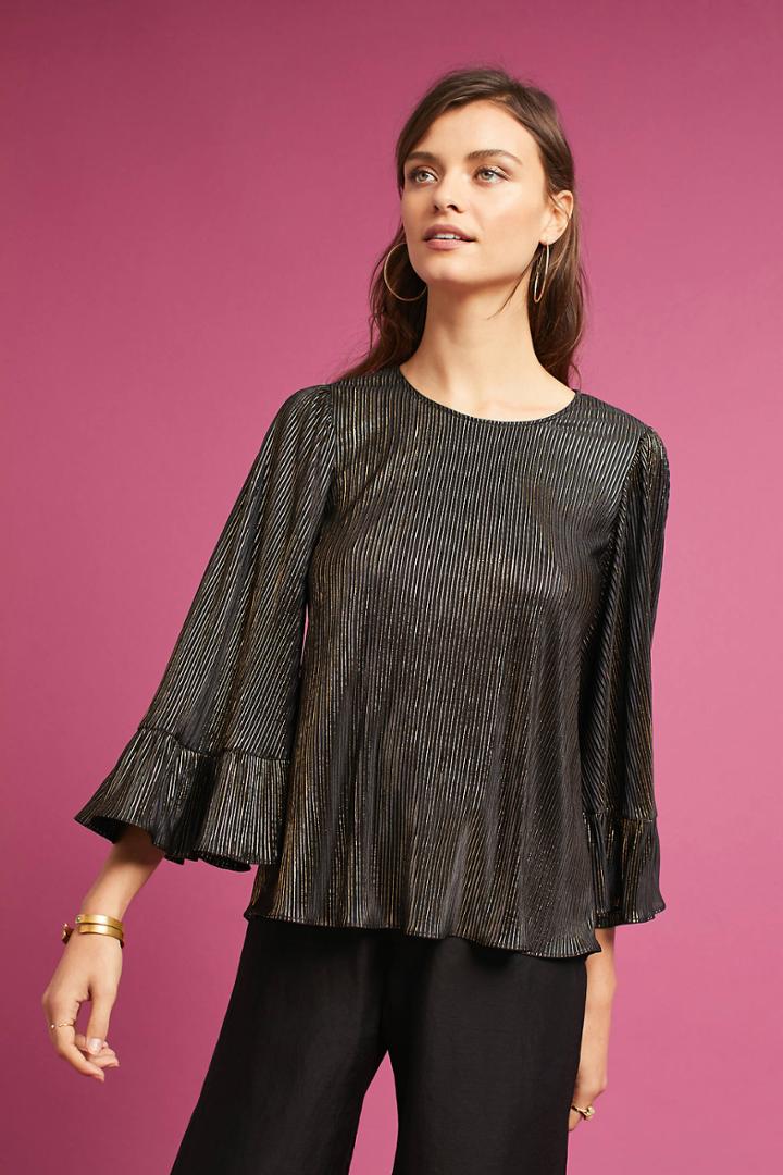 Anthropologie Metallic Ruffle-sleeve Blouse