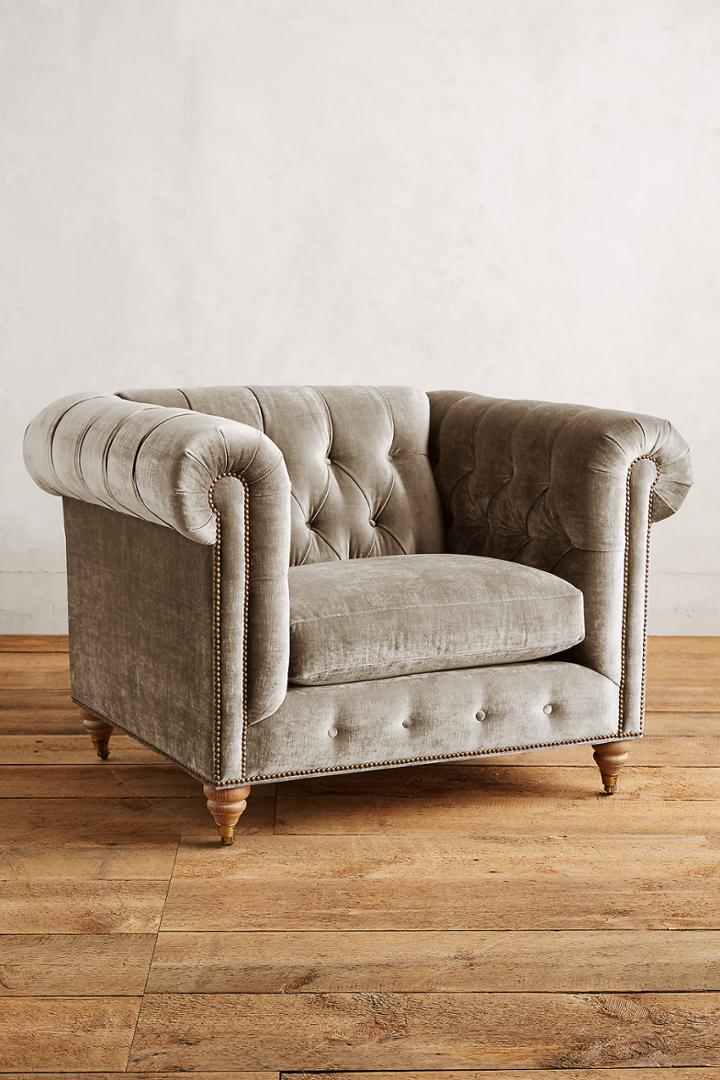 Anthropologie Slub Velvet Lyre Chesterfield Armchair, Wilcox