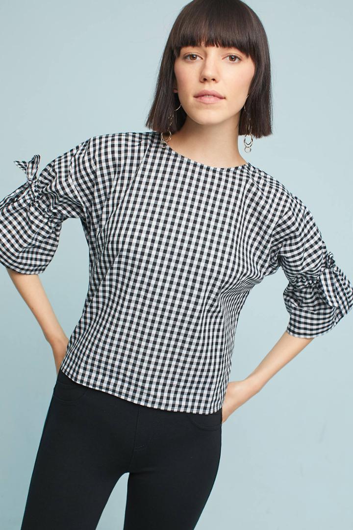 Anthropologie Gingham Tie-sleeve Blouse