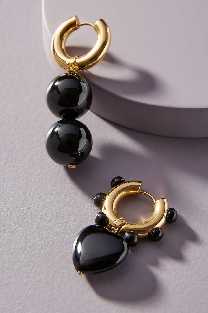 Timeless Pearly Black Heart Hugger Hoop Earrings