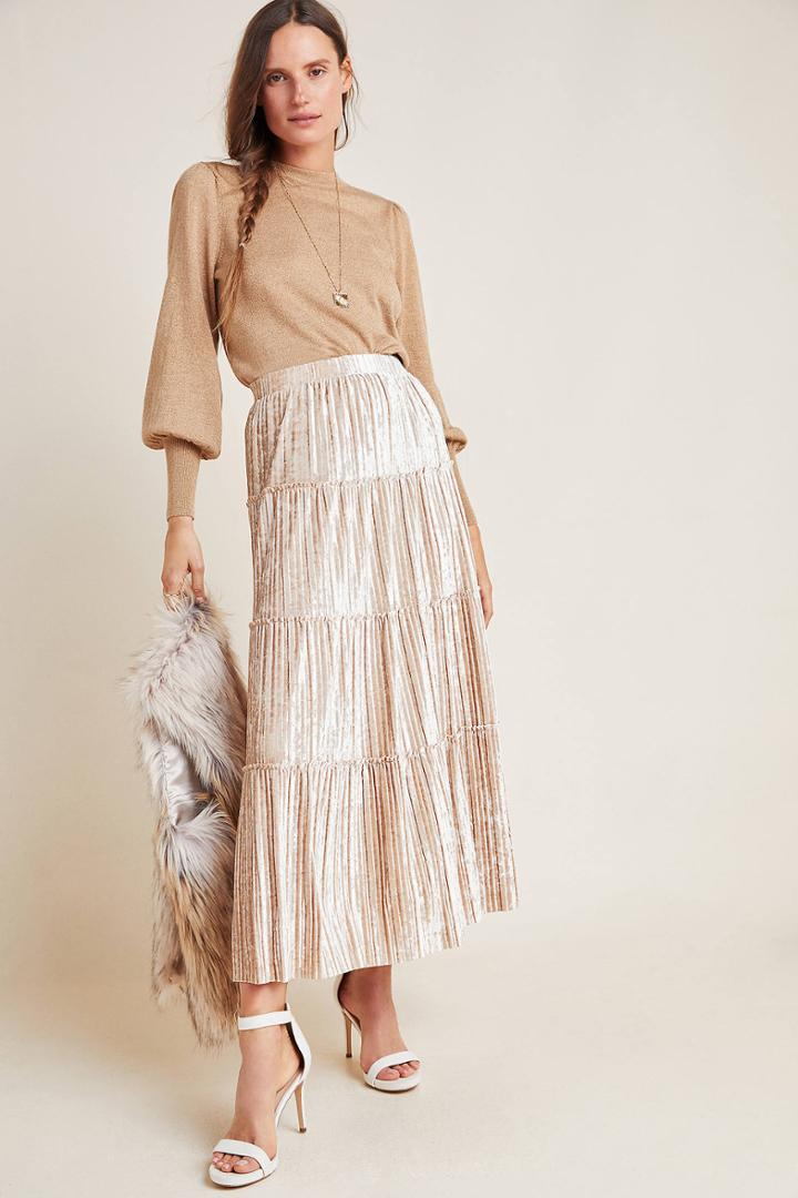 Maeve Julie Pleated Velour Midi Skirt