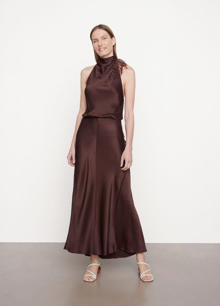 Vince Feather Embellished Drape Neck Halter Dress