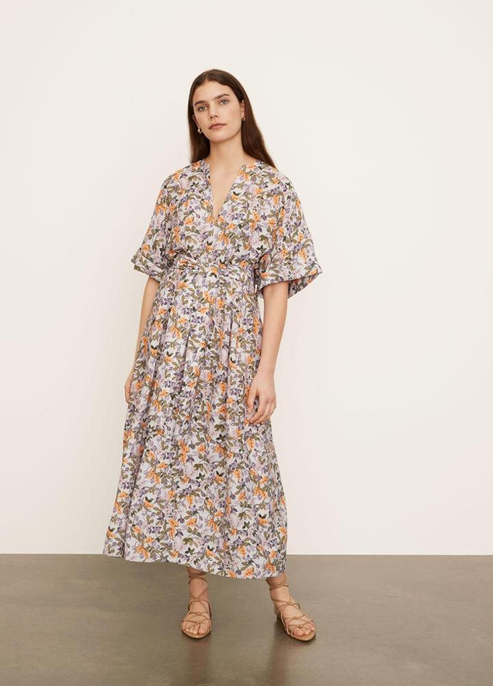 Vince Wisteria Vine Cuffed Short Sleeve V-neck Dress