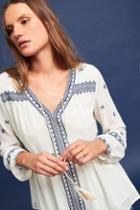 Q & A Embroidered Tassel Tie-neck Blouse