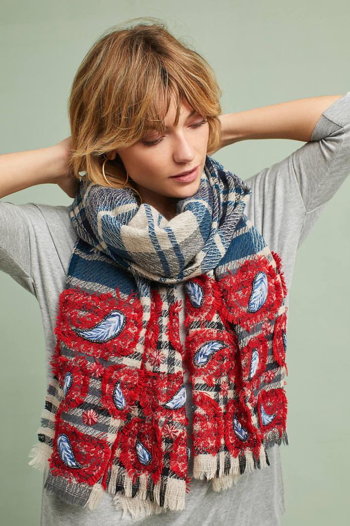 Anthropologie Embroidered Plaid Wool Scarf