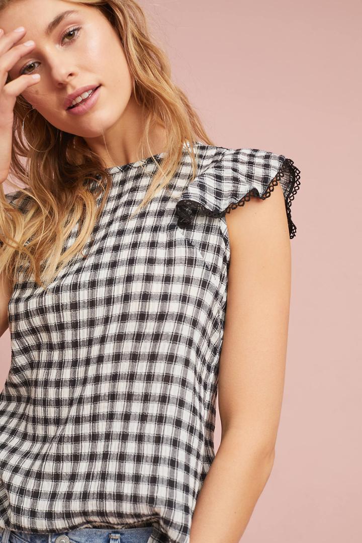 Michael Stars Gingham Flutter-sleeve Top