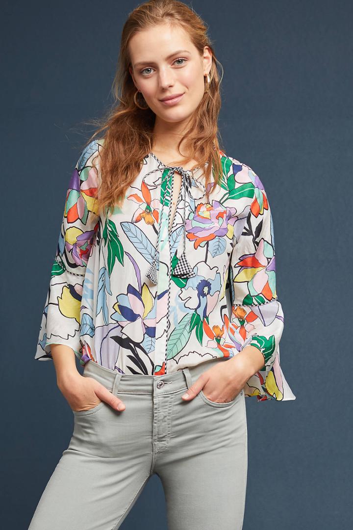 Vineet Bahl Graphic Floral Silk Blouse