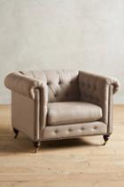 Anthropologie Linen Lyre Chesterfield Armchair, Hickory