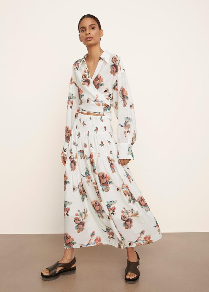 Vince Ikat Floral Smocked Tiered Skirt
