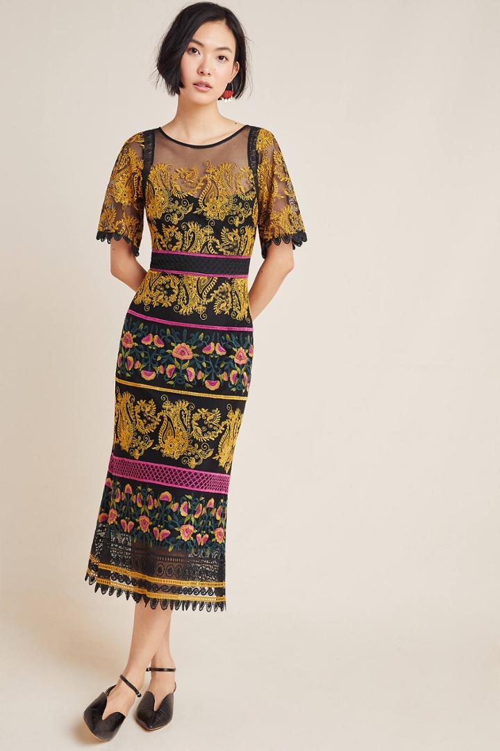 Anthropologie Jacquin Embroidered Midi Dress