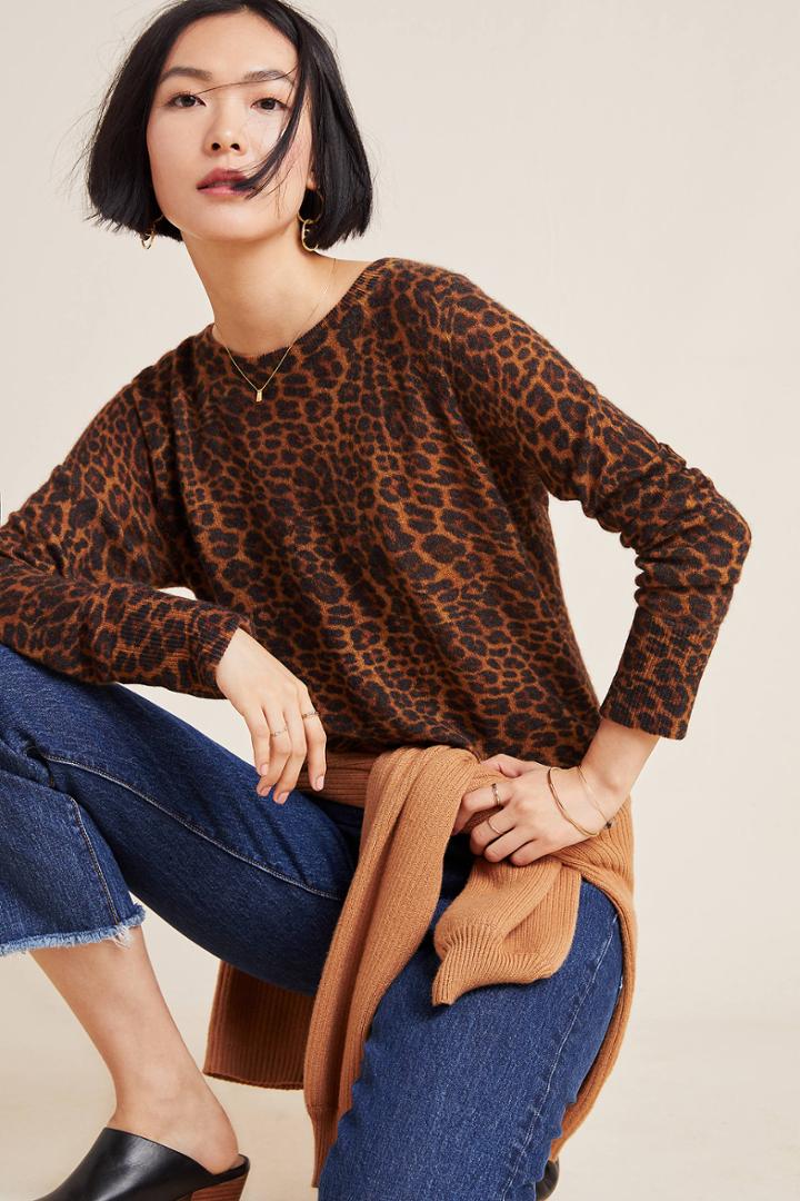 White + Warren Leopard Cashmere Pullover
