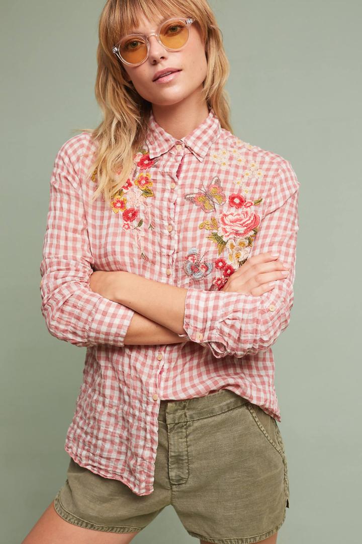 Johnny Was Rosetti Plaid Embroidered Top
