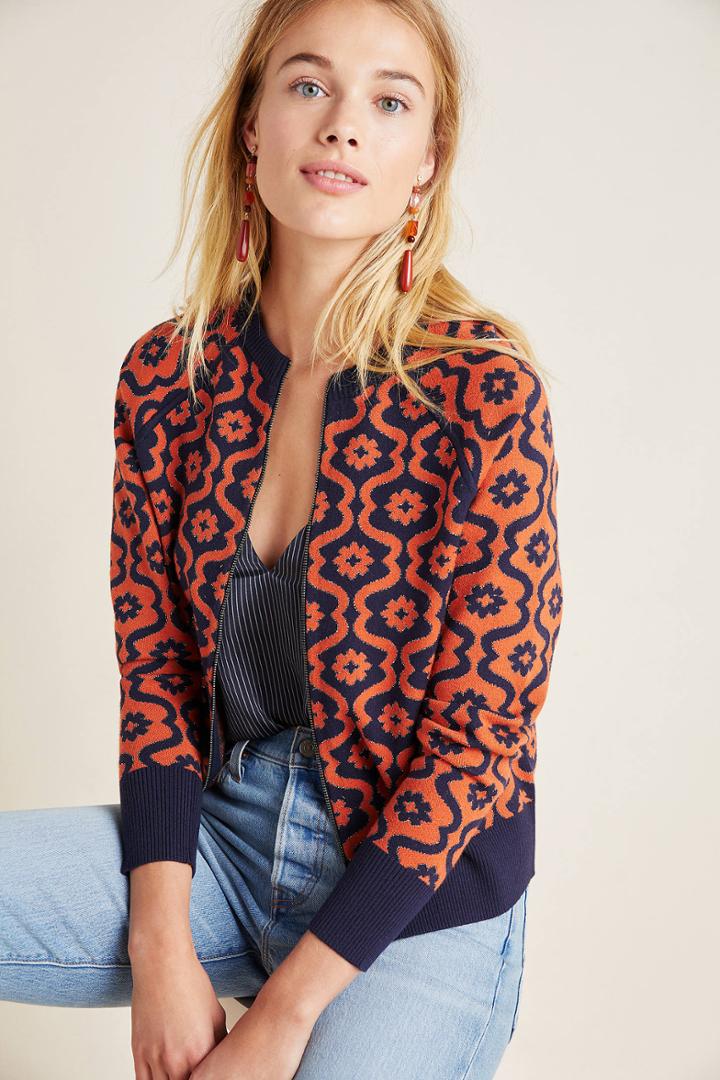 Anthropologie Bonnie Floral Knit Bomber Jacket