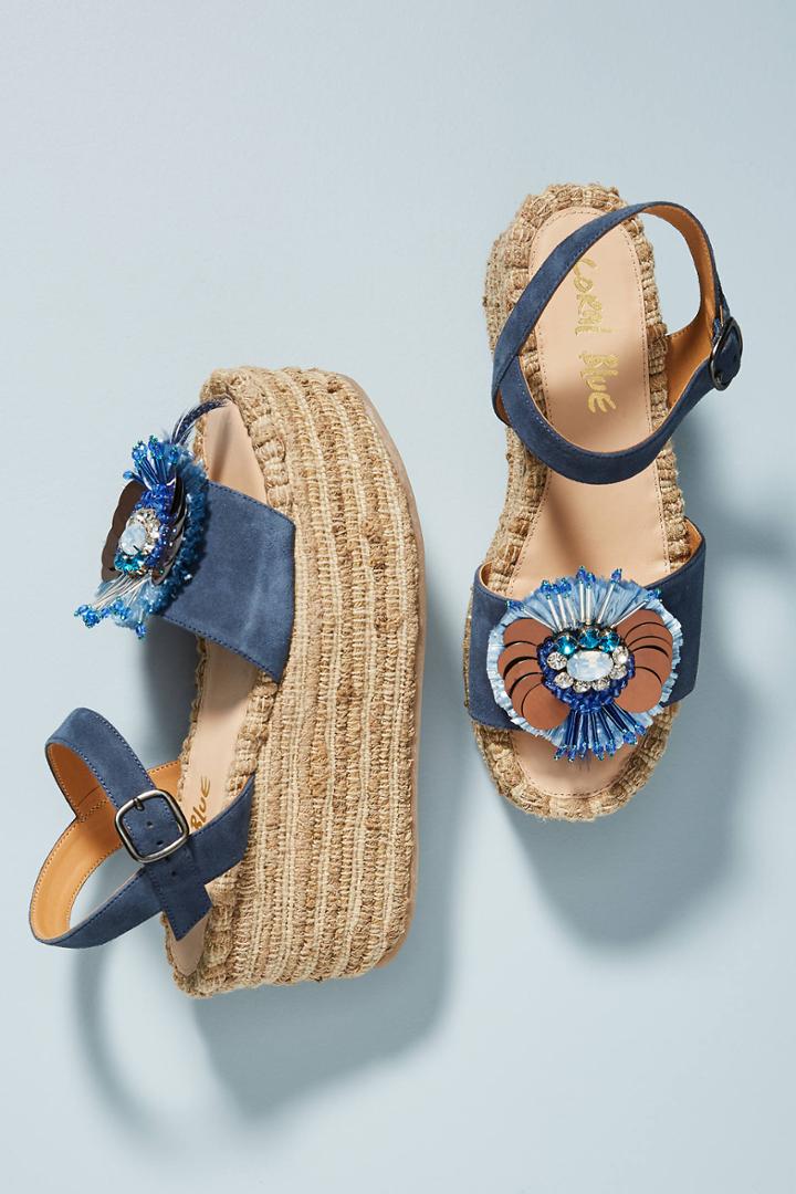 Coral Blue Embellished Platform Wedge Sandals