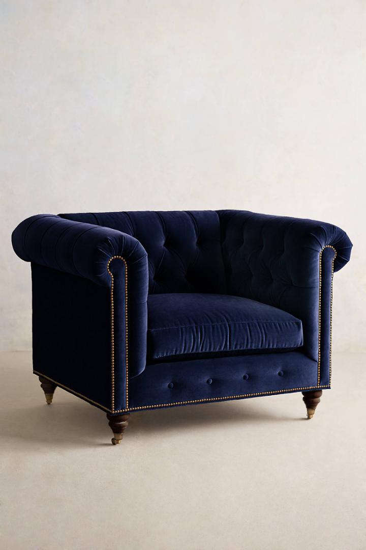 Anthropologie Velvet Lyre Chesterfield Armchair, Hickory