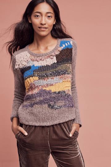 Handknit By Dollie Fringed Collage Pullover