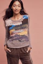 Handknit By Dollie Fringed Collage Pullover