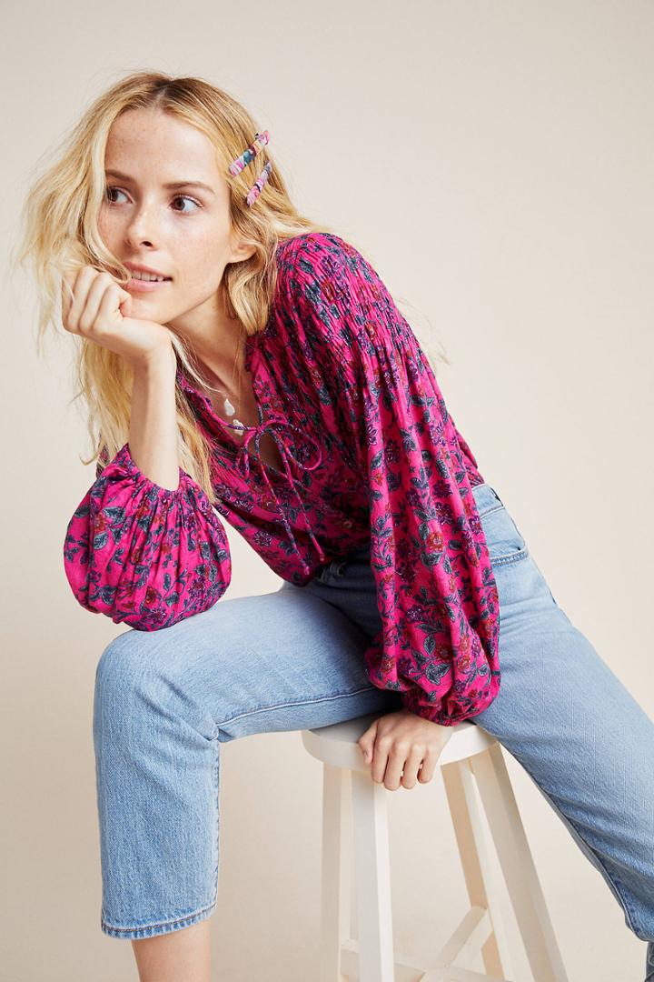 Maeve Calais Smocked Peasant Blouse