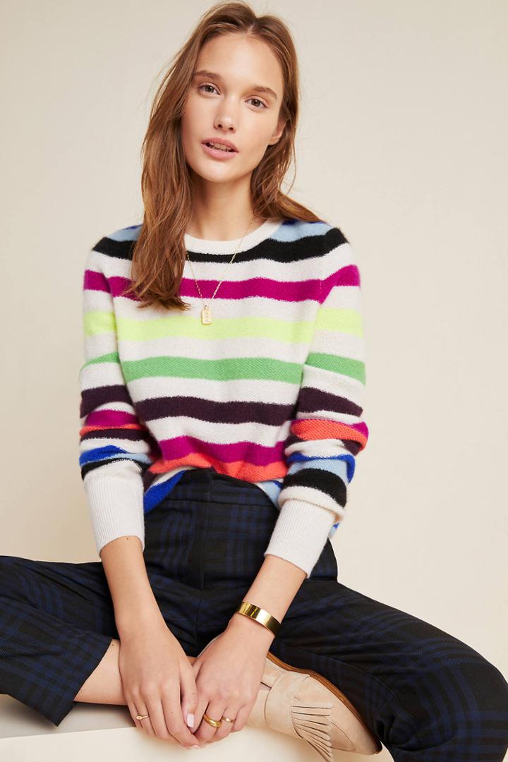 White + Warren Striped Cashmere Sweater