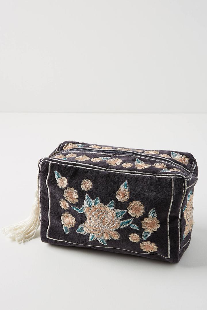 Anthropologie Large Floral Velvet Cosmetic Case