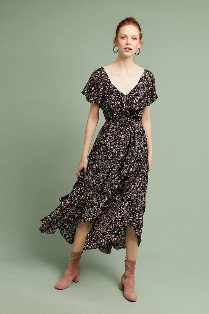 Kopal Dotted & Ruffled Wrap Maxi Dress