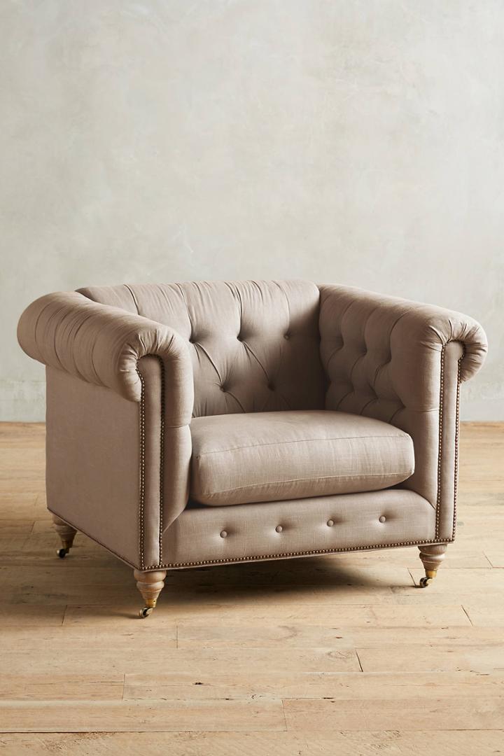 Anthropologie Linen Lyre Chesterfield Armchair, Wilcox