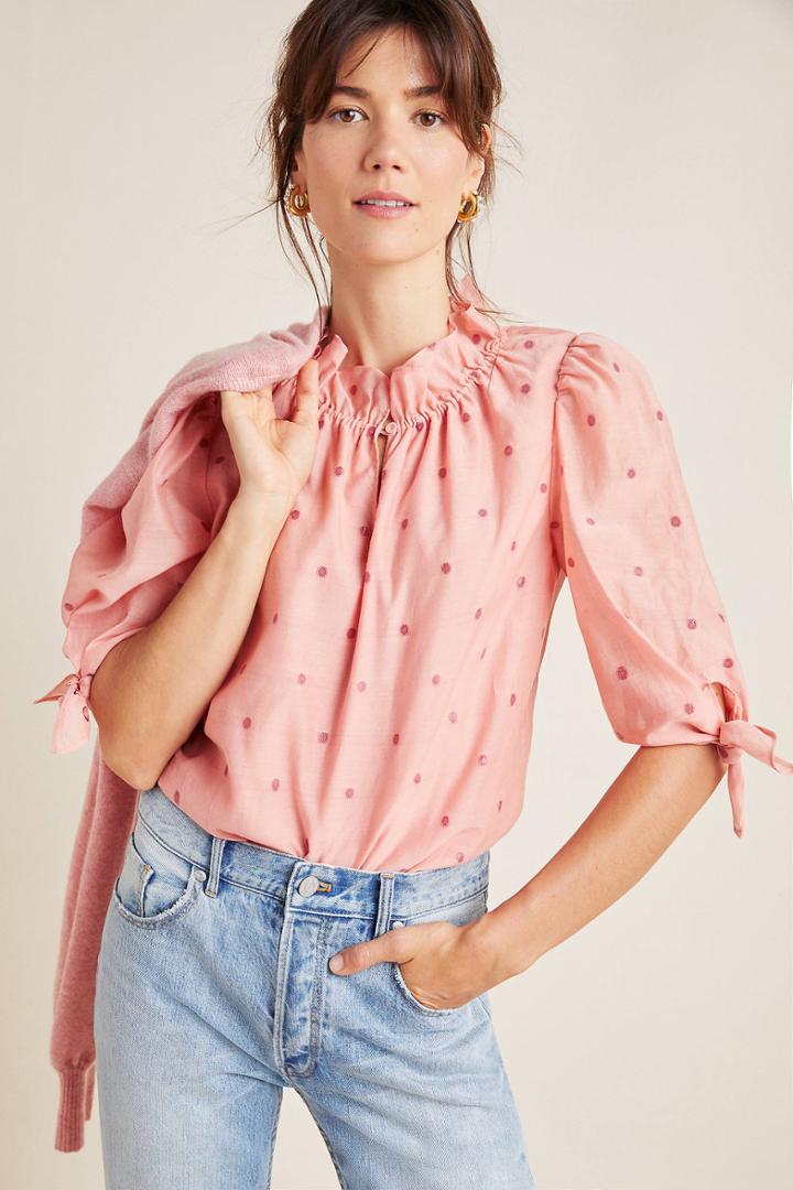Anthropologie Emery Embroidered Puff-sleeved Blouse