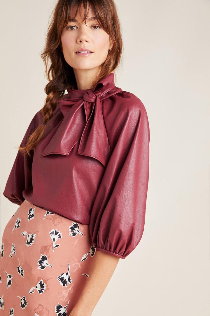 La Vie By Rebecca Taylor Harley Tie-neck Faux Leather Blouse