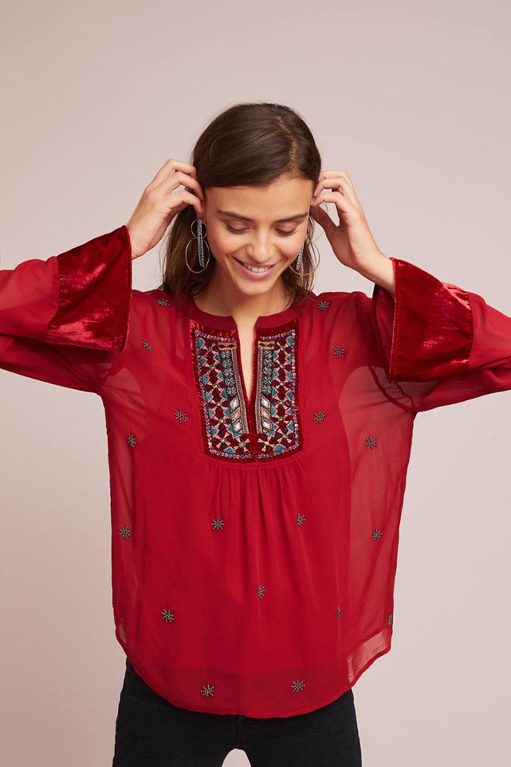 Velvet By Graham & Spencer Velvet-trimmed Embellished Blouse