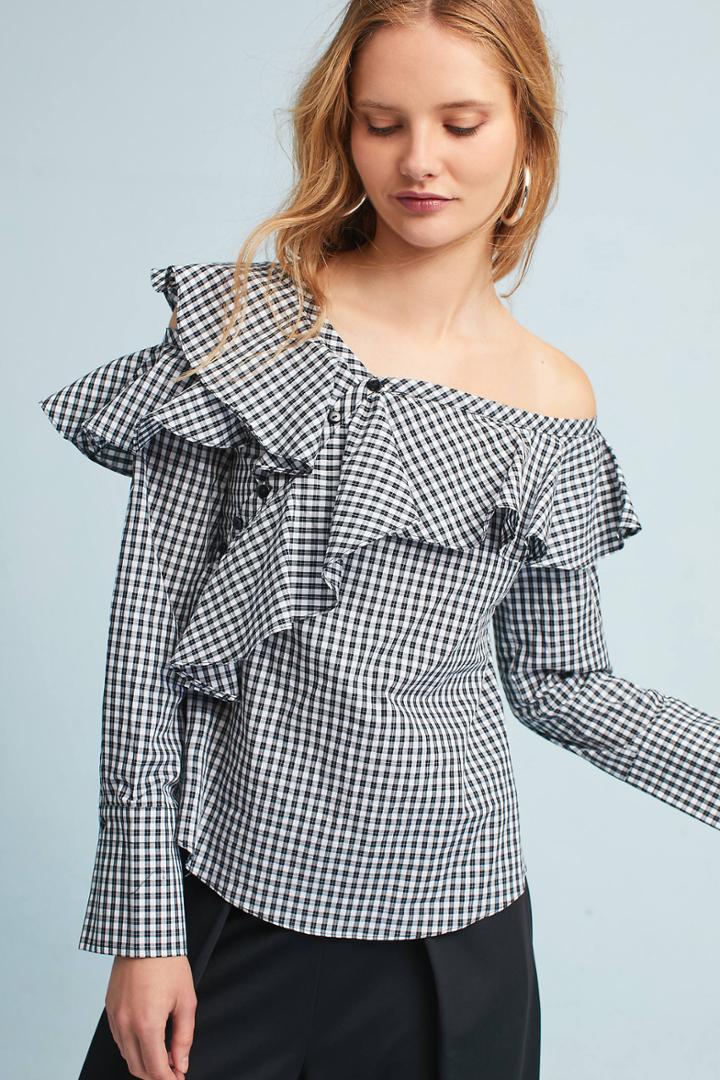 Anthropologie Ruffled One-shoulder Gingham Blouse