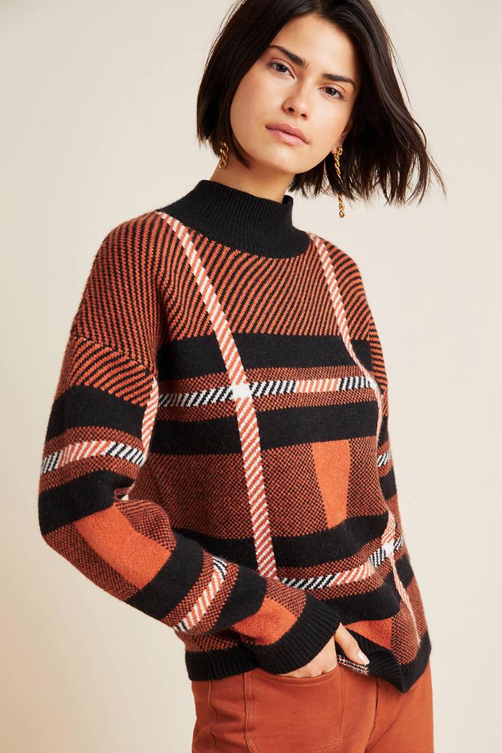 Anthropologie Davina Plaid Mock Neck Sweater
