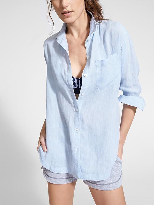 Athleta Womens Linen Long And Lean Shirt Size L Petite - Light Blue