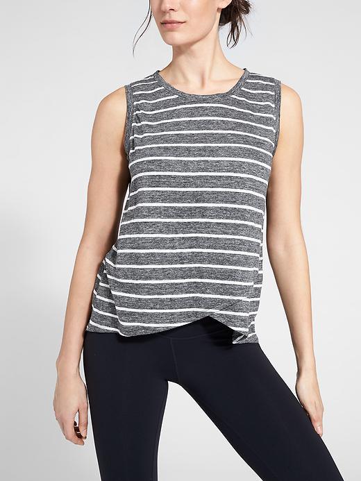 Athleta Womens Stripe Linen Criss Cross Tank Size L Tall - Charcoal Heather/ Bright White