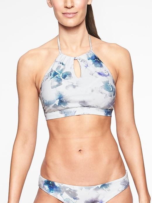 Athleta Womens Watercolor High Neck Keyhole Top Silver Bells Size S