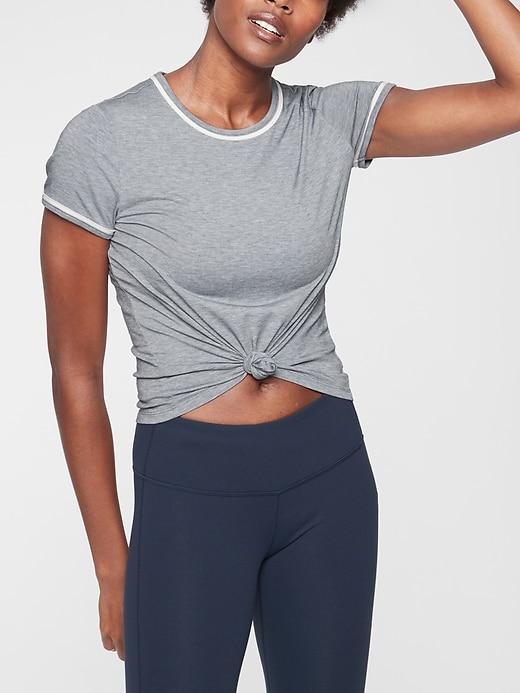 Athleta Womens Essence Ringer Tee Cobblestone/ Sea Salt Size S