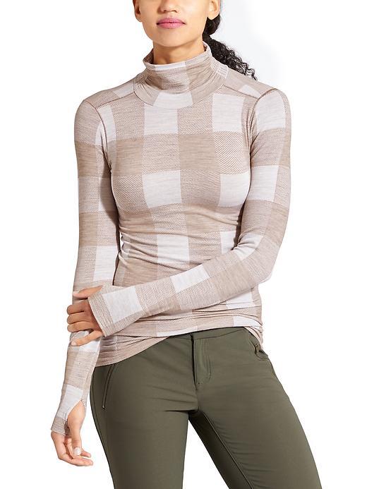 Athleta Womens Buffalo Check Remarkawool Turtleneck Size L - Oatmeal Heather/foxtail Taupe Heather