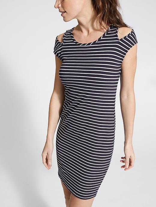 Athleta Womens Cold Shoulder Dress Size L - Navy/ Grey Heather