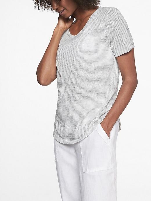 Athleta Womens Breezy Tee Stripe Bright White/ Cobblestone Grey Size L
