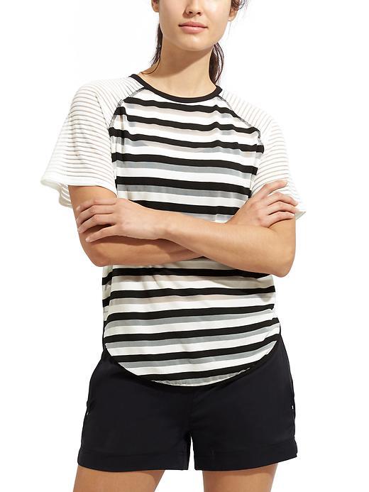 Athleta Womens Sheer Stripe Grid Tee Size L - Black/dove Stripe