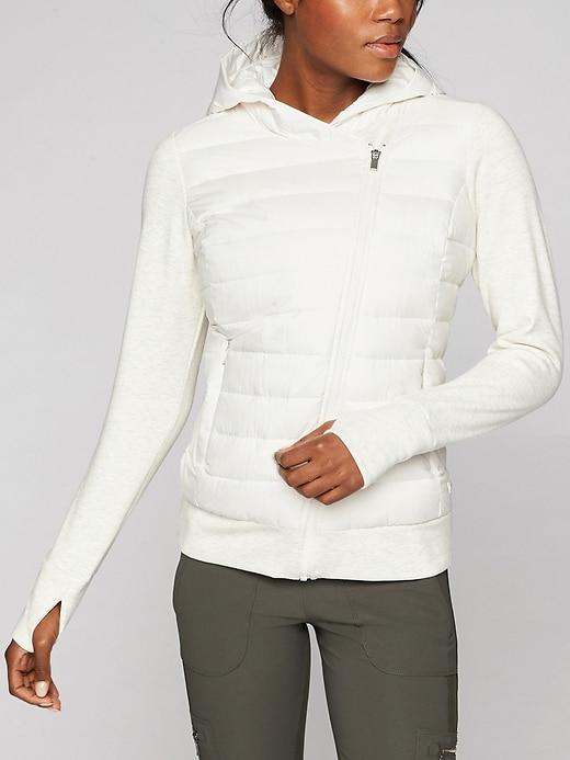 Athleta Womens Responsible Down Sweatshirt Light Grey Heather/ Sea Salt Size Xl