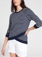 Athleta Womens Stripe Criss Cross Sweatshirt Navy/ Light Heather Grey Size M