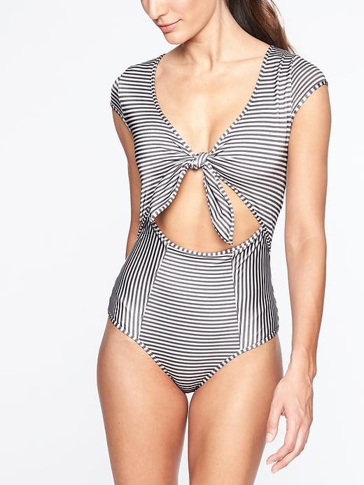 Athleta Womens Aqualuxe Lotus Tie Front One Piece Silver Bells Size S