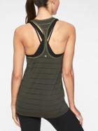 Athleta Womens Stripe Mesh High Neck Chi Tank Black Olive Size L