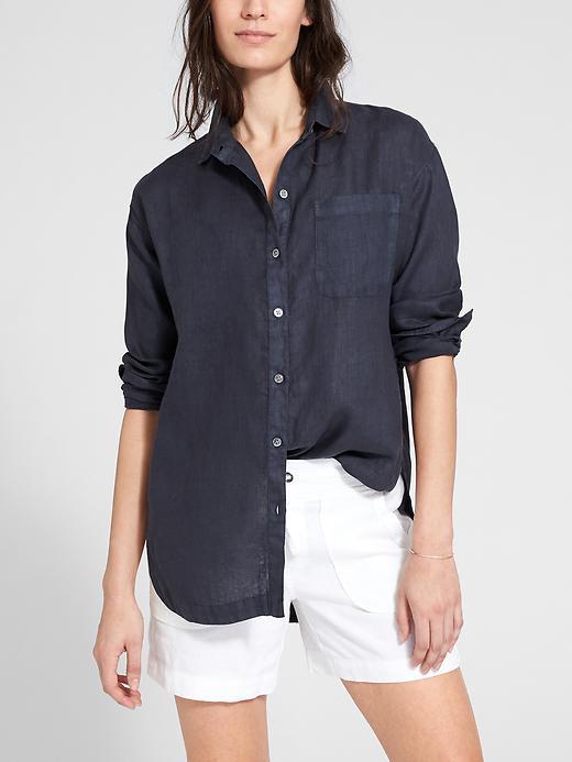Athleta Womens Linen Long And Lean Shirt Size Xs Petite - Navy