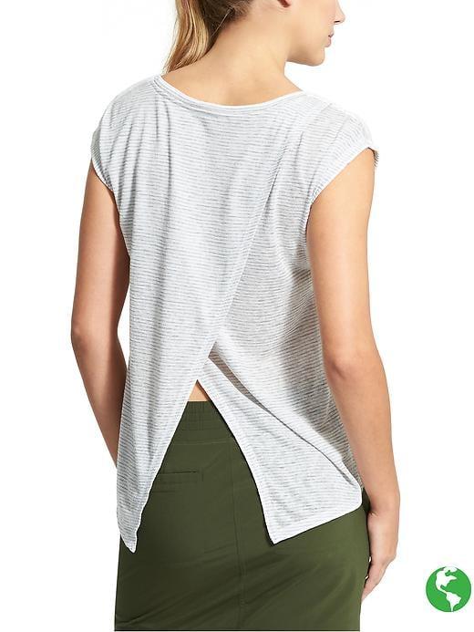 Athleta Womens Stripe Breezy Crossback Tee Size M - Bright White/cobblestone Grey