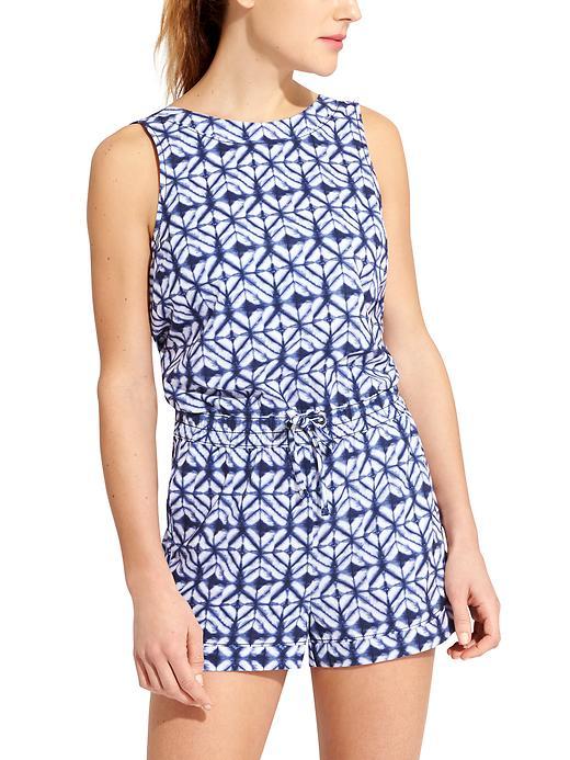Athleta Womens Printed Short Crossback Romper Size L - Navy