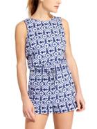 Athleta Womens Printed Short Crossback Romper Size L - Navy