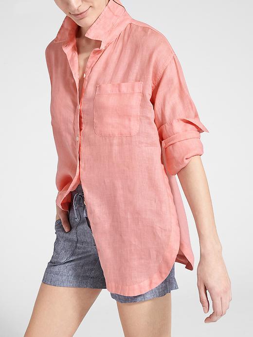 Athleta Womens Linen Long And Lean Shirt Size L Petite - Pink Treat