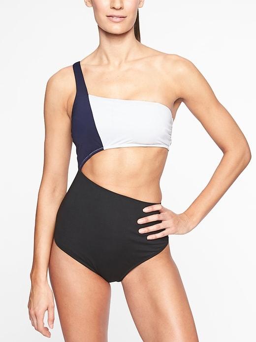 Athleta Womens Mod Block Cutout One Piece Dress Blue/ White/ Black Size L