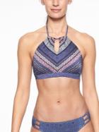 Athleta Womens Aqualuxe Print High Neck Keyhole Bikini Top Chrome Blue Size Xl